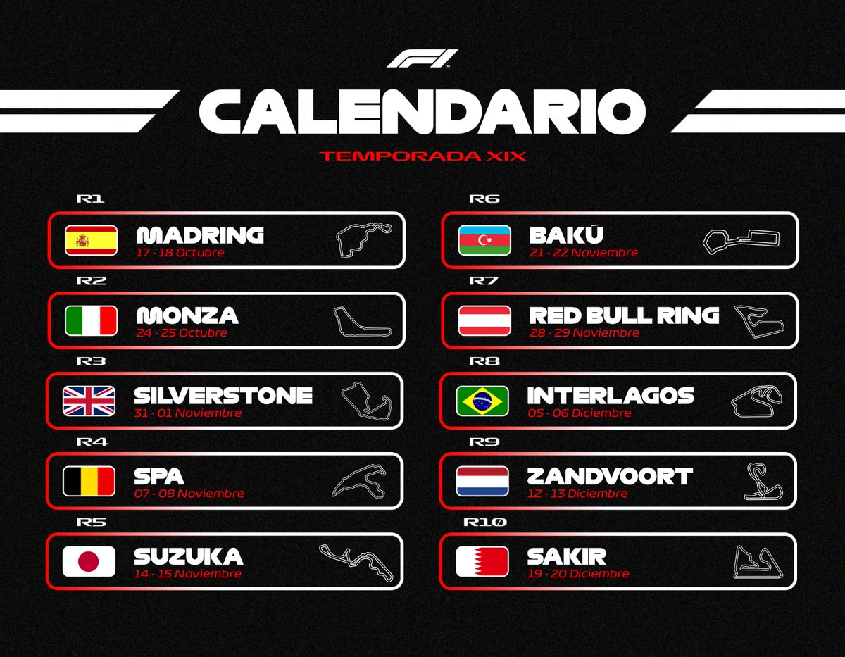 CampeonatosMGP's tweet photo. 🚨📅CALENDARIO T.XIX📅🚨

Sabemos que estabais esperándolo, última temporada del año 2026. 

10 carreras. Simple. 

Los créditos a @GeminiApp que estuvo 15 segundos pensando en el calendario.

Regresa la acción en pista en menos de un mes.

🍀SUERTE A TODOS🍀 https://t.co/1xxhfN08Xv