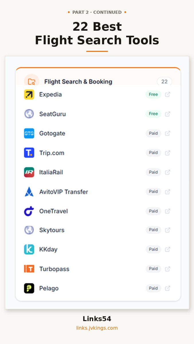 Links54official's tweet photo. ✈️ 22 Flight Search Tools for the Cheapest Fares — Part 2: Expedia, SeatGuru, Gotogate, https://t.co/EWoBwFIY5M, +18 more. Verified. #travel #digitalnomad. https://t.co/iyDgltM4BD https://t.co/xDUNwkZqz6