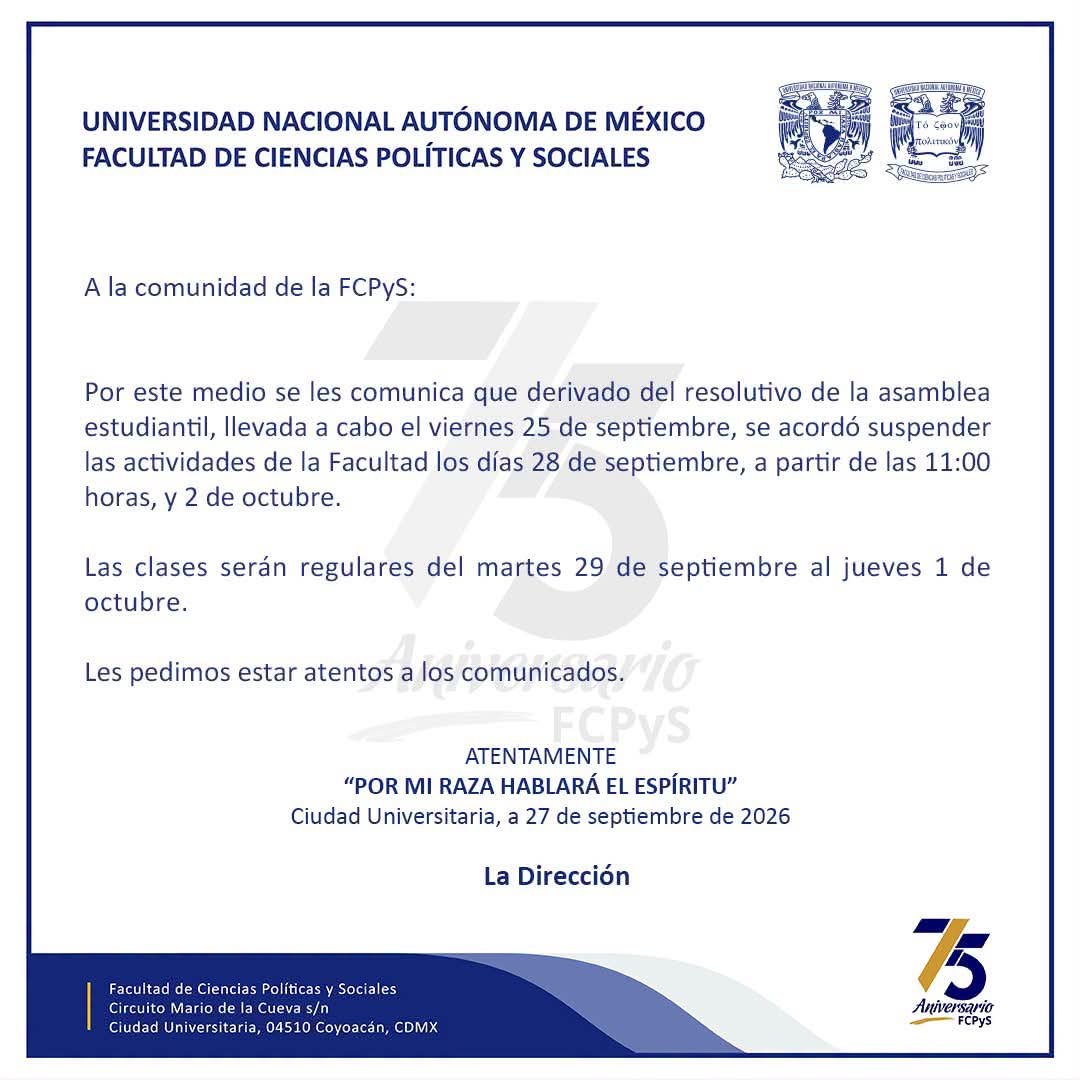 CES_FCPyS's tweet photo. A la comunidad de la FCPyS: https://t.co/YaSsBvRwCn