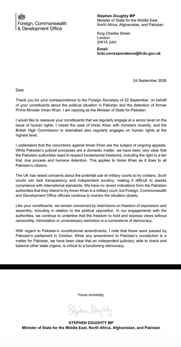 AS_Resists's tweet photo. After urging the British government to raise the concerns every British Pakistani has regarding Imran Khan’s solitary confinement, this is the response I had received a few days back and I urge them to intervene as his life is in danger! 

@SDoughtyMP https://t.co/0TvOO28gZB