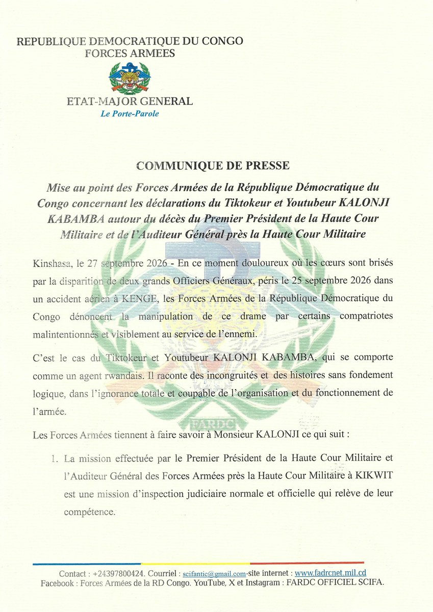 FARDC_officiel's tweet photo. Communiqué de presse 
@KalonjiTV https://t.co/tjHBOZFIbo