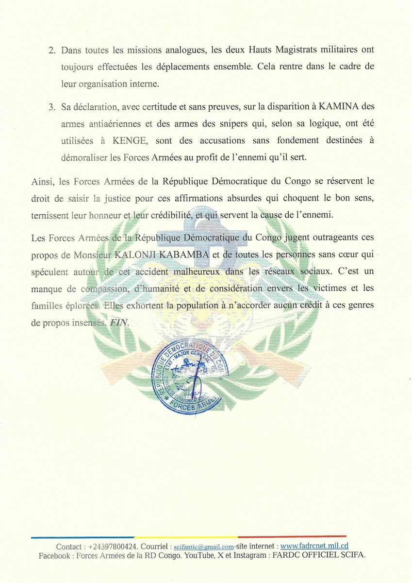 FARDC_officiel's tweet photo. Communiqué de presse 
@KalonjiTV https://t.co/tjHBOZFIbo