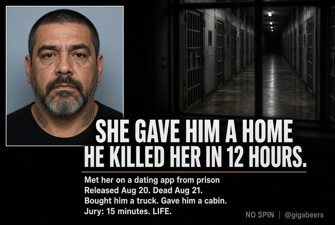 GigaBeers's tweet photo. This is a brutal case. Kindness met with immediate violence.

•  Bami Elizabeth Carmane, 61, widowed, Orange County, Texas
•  Met Adrian Echevarria (49) on a dating app while he was still in federal prison using a contraband phone
•  She picked him up the day he was released (Aug 20, 2025), bought him a truck, and gave him a cabin on her property
•  Within about 12 hours she was dead — beaten and sexually assaulted
•  He tried to clean the scene
•  Prior violent history including strangulation
•  Jury convicted him of murder Sept 24, 2026 and took 15 minutes to give him life
•  Jurors stood together both times they announced their decisions
•  DA: “He had every bit of it coming to him.” “The jurors gave it right to him.”