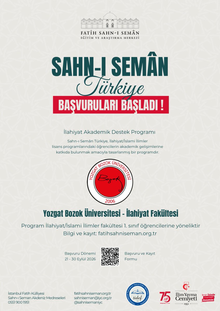 YOBUilahiyat's tweet photo. Fakültemiz ile İlim Yayma Cemiyeti iş birliğiyle düzenlenen “Sahn-ı Semân Türkiye” programı yeni alımlarına başlıyor. 
📌 Program yalnızca  1. sınıf öğrencilerine açıktır. Başvurular online olarak aşağıdaki link üzerinden yapılacaktır.
https://t.co/3Kku6pjaqP https://t.co/6Tzc40l1w9