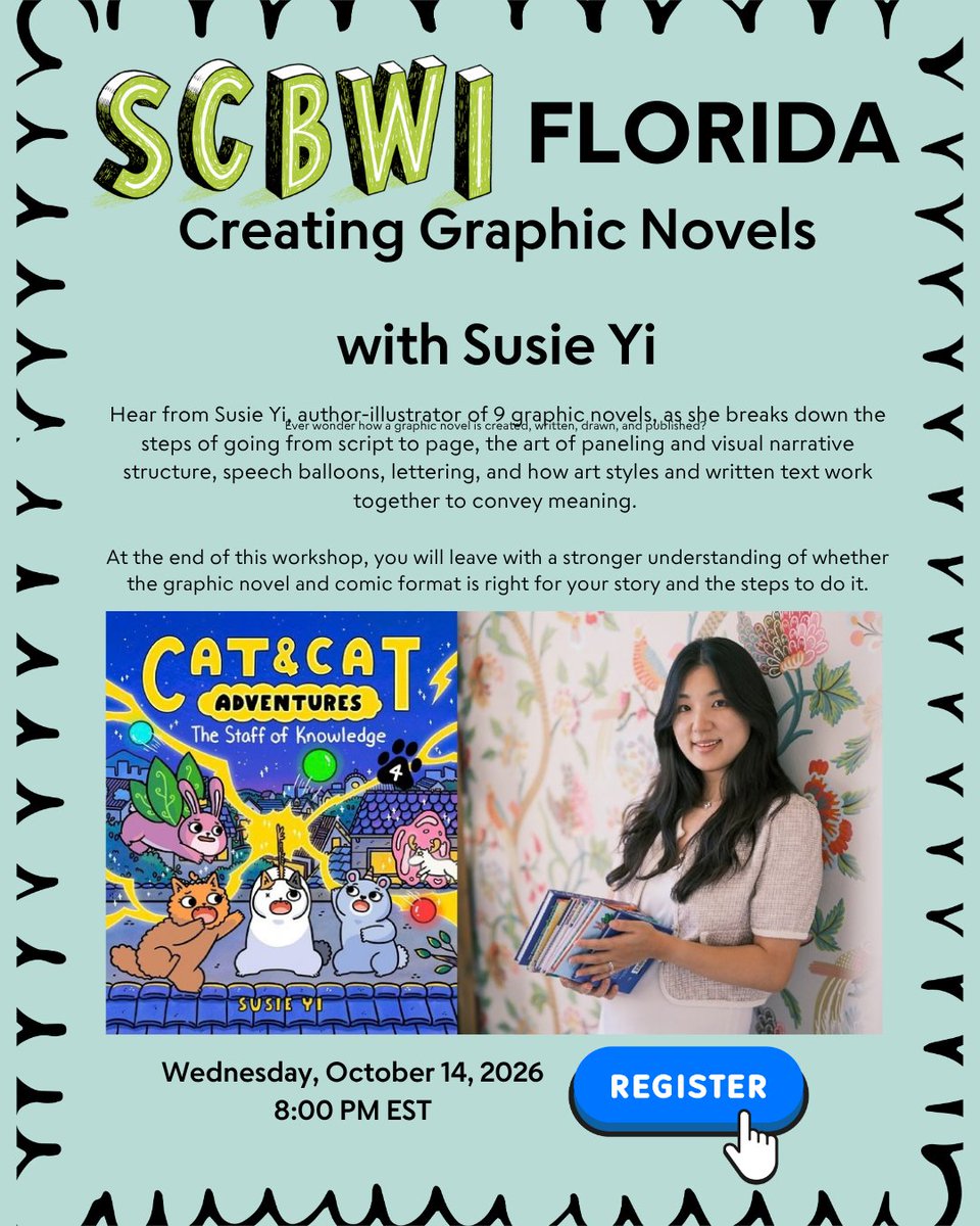 SCBWI_IL's tweet photo. Ever wonder how a graphic novel is created, written, drawn, and published?
Hear from Susie Yi, author-illustrator of 9 graphic novels!

WHEN: October 14
TIME: 8 PM EST
WHERE: Zoom

Registration Link: https://t.co/LmY9x26cYi

Cost: $5 for members, $25 for non members https://t.co/mz1o7oosWe