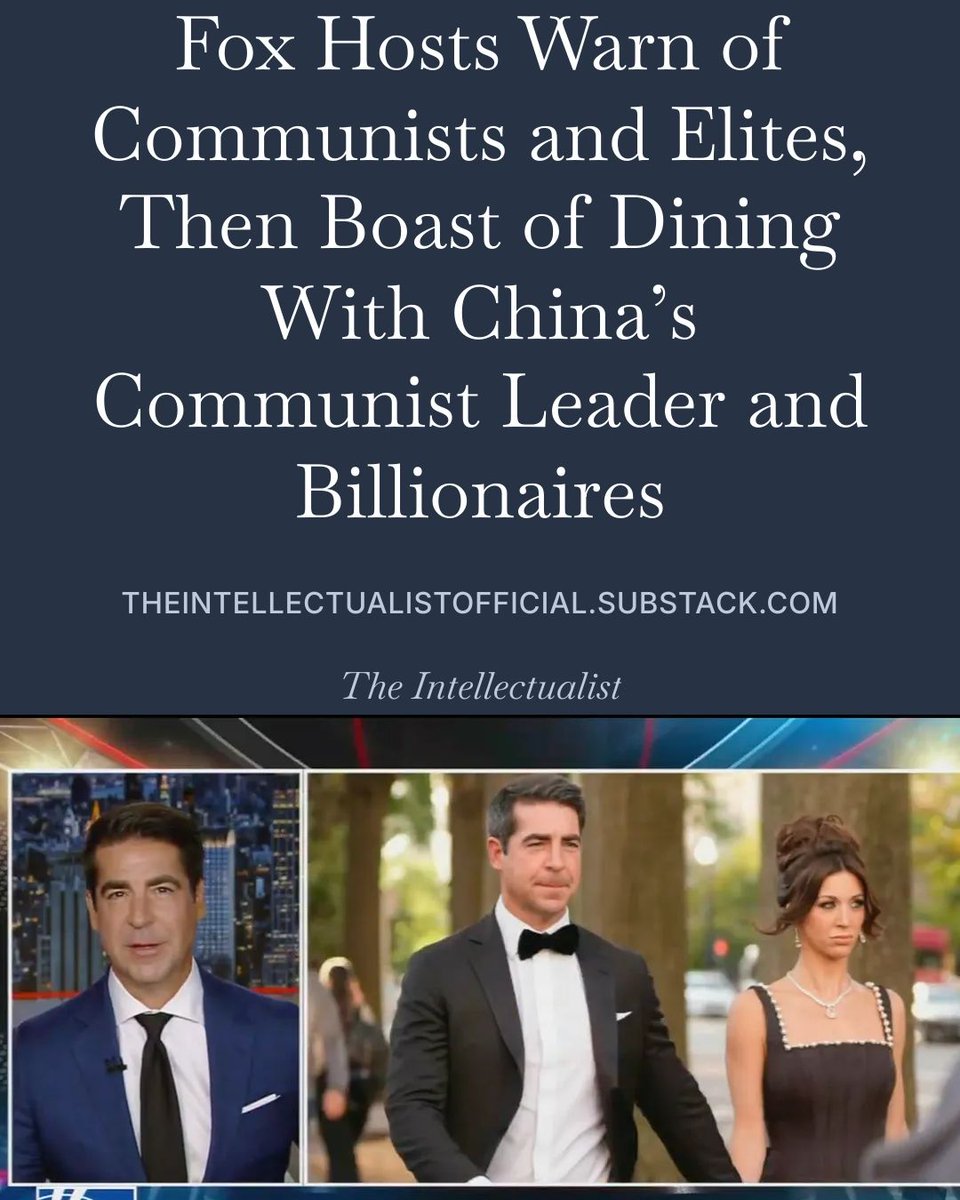 highbrow_nobrow's tweet photo. Laura Ingraham and Jesse Watters have spent 2026 warning viewers about communism and socialism. Days later, they joined billionaires and Washington insiders at a state dinner honoring Xi Jinping.

https://t.co/4AeESnKxgj https://t.co/Sp2PnrleBn