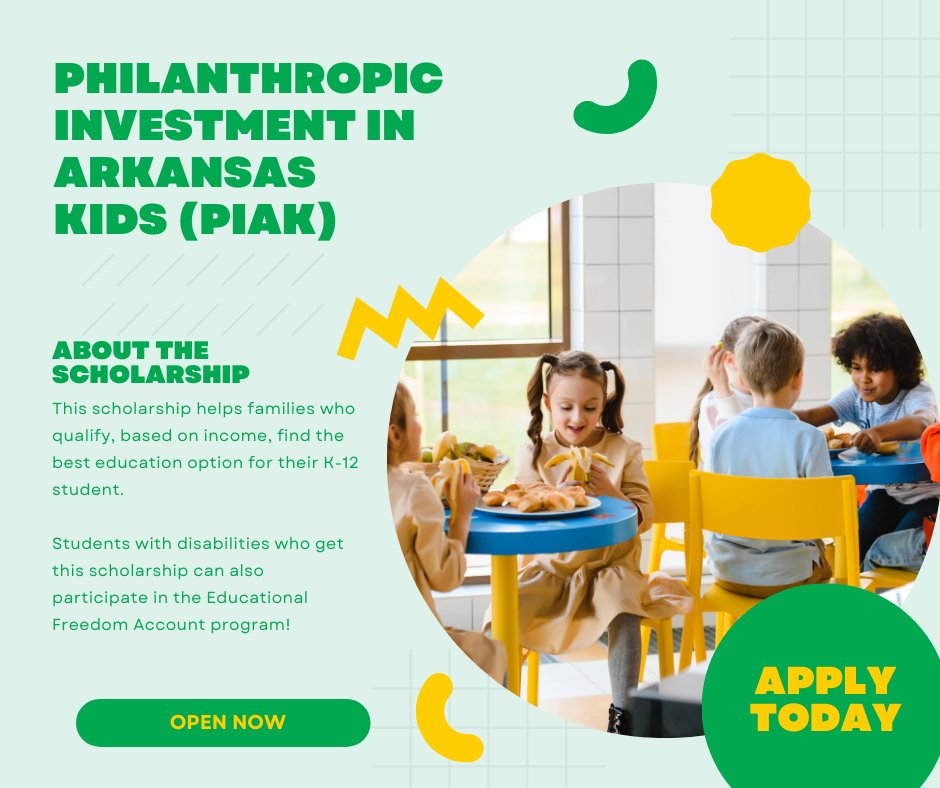 1ReformAlliance's tweet photo. Applications for the Philanthropic Investment in Arkansas Kids (PIAK) scholarship for the 2026-27 school year continue to be accepted for students AND new private schools! Find out how to qualify:
https://t.co/sdkWXyX80v
#SchoolChoice #K12Scholarship #EmpowerParents #Arkansas https://t.co/wV4DtGFu06