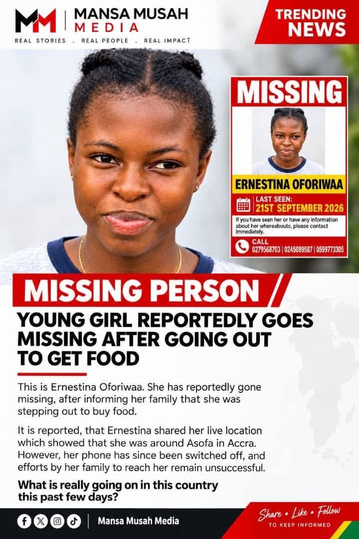 pastor_mensah's tweet photo. MISSING PERSONS: A SERIOUS NATIONAL CONCERN — AUTHORITIES MUST ACT SWIFTLY

A few months ago, I raised serious concerns about the increasing reports of people going missing in Ghana, and I believe it is necessary to bring the matter back to the attention of the authorities.

I am therefore respectfully appealing directly to H.E. President John Dramani Mahama, the Honourable Minister for the Interior, the Cyber Security Authority, the Inspector-General of Police and the Ghana Police Service to treat the issue of missing persons with the urgency it deserves.

When a person goes missing, every hour can matter. Families are left traumatised, uncertain about the whereabouts and safety of their loved ones, and sometimes forced to search for answers on their own.

I am not suggesting that every missing-person case has the same cause. However, authorities should ensure that every credible report is properly documented, assessed and investigated, including the possibility of criminal activity, human trafficking, kidnapping, online exploitation, financial motives or other circumstances where evidence points in that direction.

We need stronger coordination between Police investigators, Police Intelligence, Cybercrime investigators and other relevant security institutions, particularly where phones, social media, mobile-money transactions, CCTV, vehicle movements or other digital evidence could help establish what happened.

The Ghana Police Service already has structures for missing-person records, criminal intelligence and cyber investigations. The question is how effectively these capabilities are being brought together when a person disappears.

Mr President, Hon. Interior Minister, CSA and Ghana Police Service, I respectfully ask: can we strengthen the national response to missing-person cases before more families are left without answers?

This is not about politics.

This is about protecting lives, finding missing persons and giving families answers.

I raised this concern months ago, and I am raising it again because I believe the matter requires urgent, coordinated and sustained attention.

#MissingPersonsGhana #ProtectOurCitizens #GhanaPoliceService #InteriorMinistry #CyberSecurityAuthority #PublicSafety #NationalSecurity #CrimePrevention #Ghana #FindTheMissing