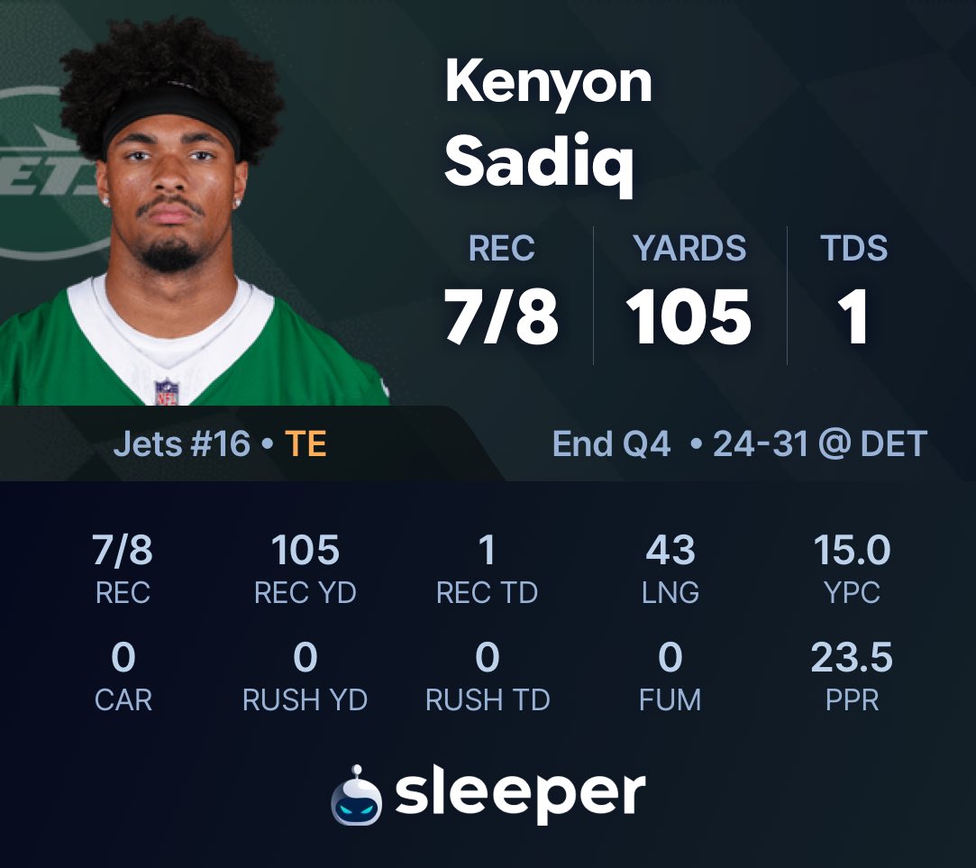 SleeperNFL's tweet photo. KENYON SADIQ BREAKOUT SZN

8 TARGETS
7 RECEPTIONS
105 YARDS
TD https://t.co/LzprMYMfKK