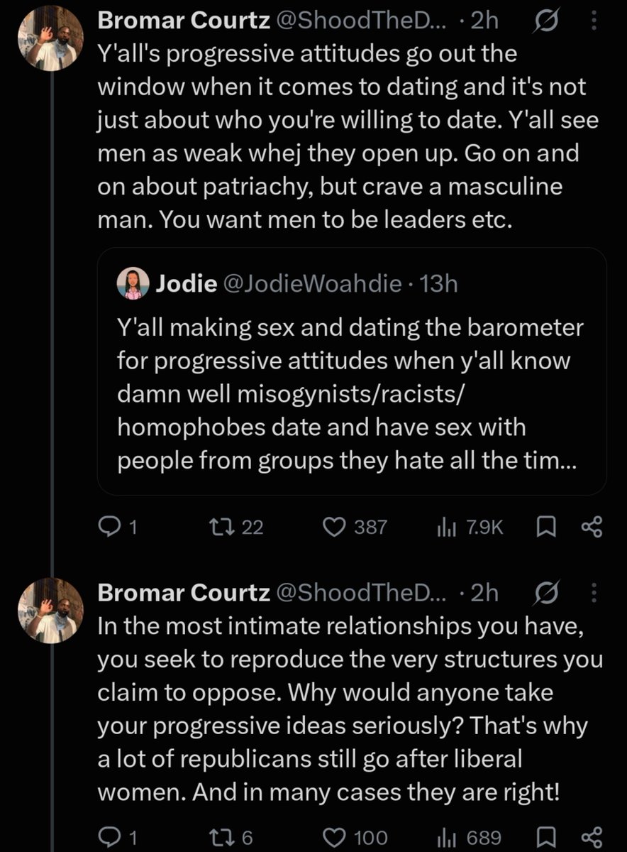 JodieWoahdie's tweet photo. Notice how there's a concerted attempt to romantize bi-men as a softer, gentler version of straight men and that in being sexually open to them, women will be rewarded with ideal, anti-patriarchal love. 

Romanticism is a tool all men deploy when sexual access is threatened https://t.co/4V8JnJEvqE