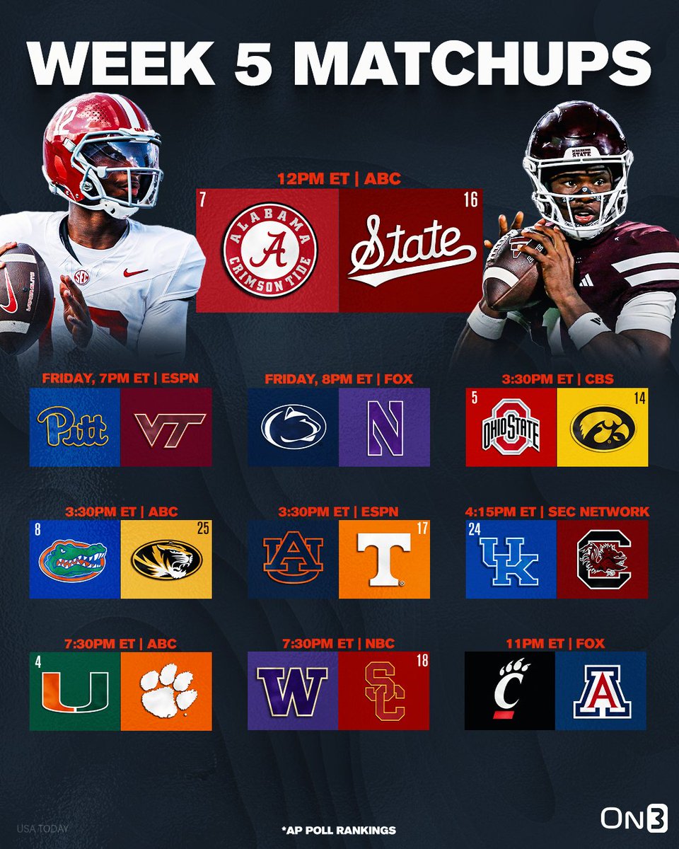 On3's tweet photo. NEW: Featured Week 5 College Football Matchups👀

https://t.co/kwykrLQUex