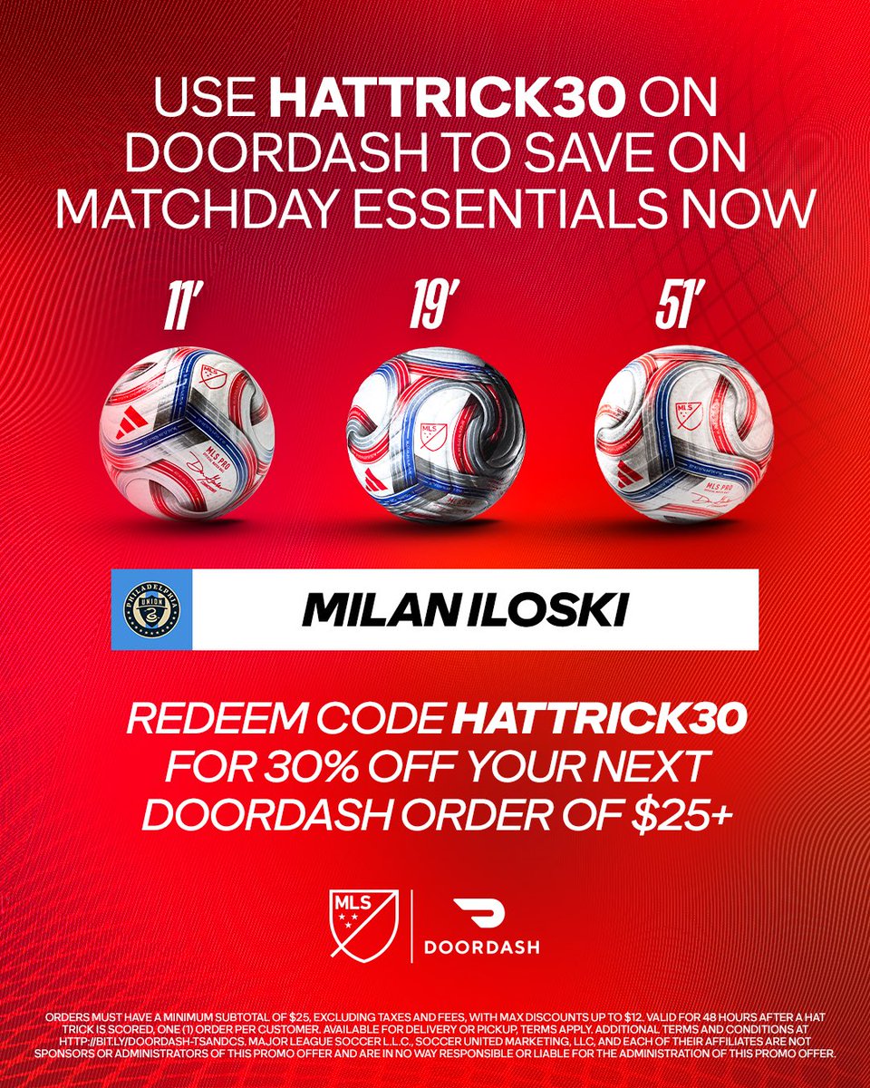 Milan Iloski's hat trick = Discount on DoorDash. 🙌

Use promo code HATTRICK30 for 30% off your next @​DoorDash order of $25+. Redeem offer here: <https://t.co/