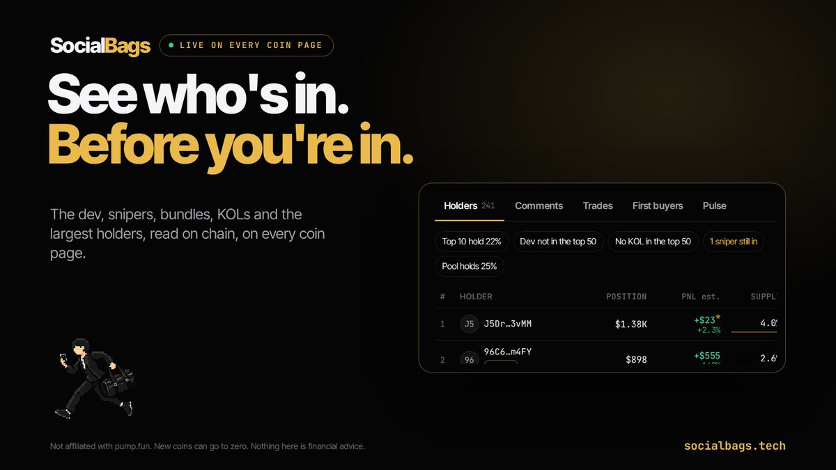 social_bags's tweet photo. See who's in before you're in.

Every coin page on https://t.co/Usv5yajkBf shows the dev, snipers, bundles, KOLs and the largest holders, live, read on chain.

Paste any coin at the top of the site. https://t.co/Y6f2gComRz