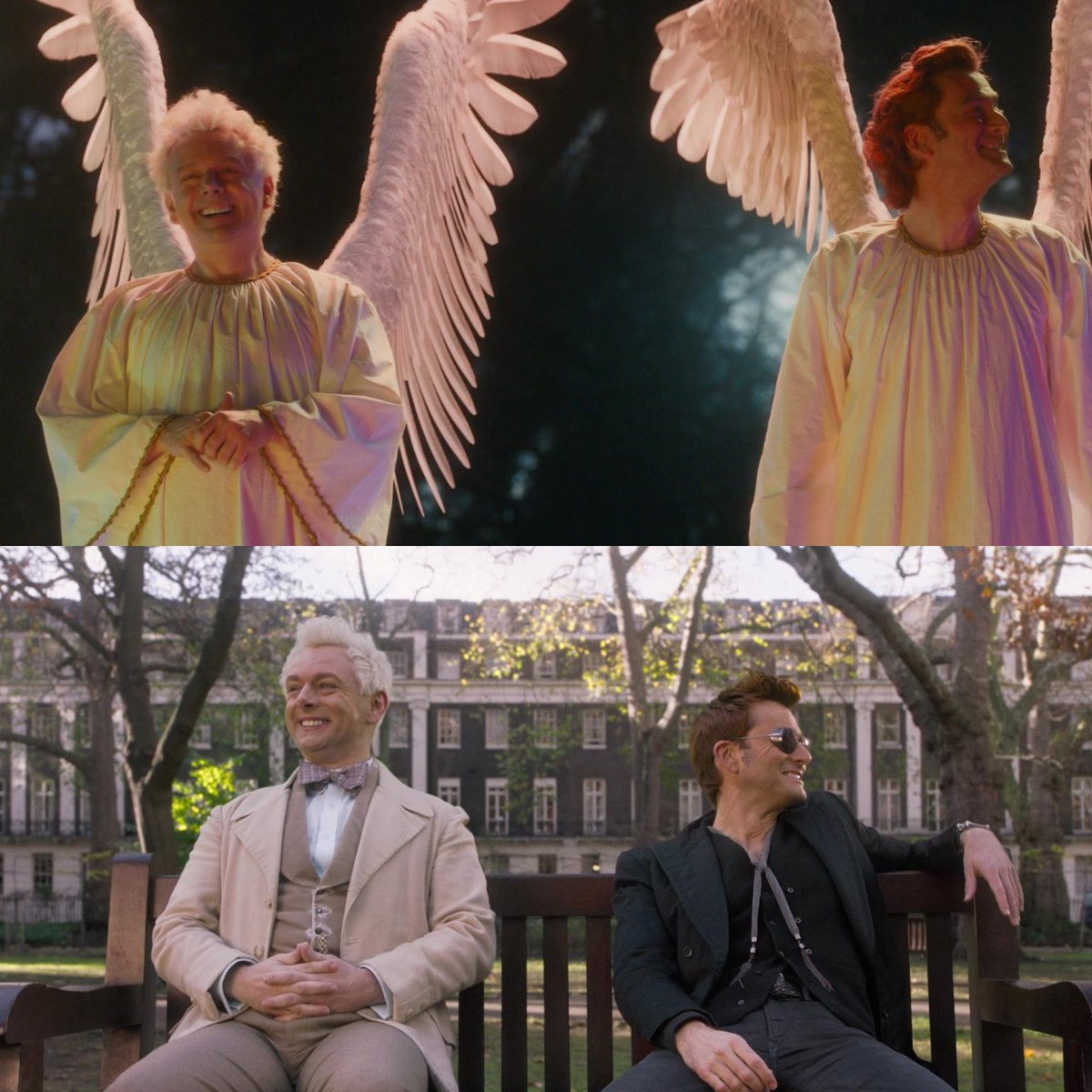sheennxnt's tweet photo. Crowley and Aziraphale will never stop being themselves, no matter what they’re like. https://t.co/7lALgQ7QOP