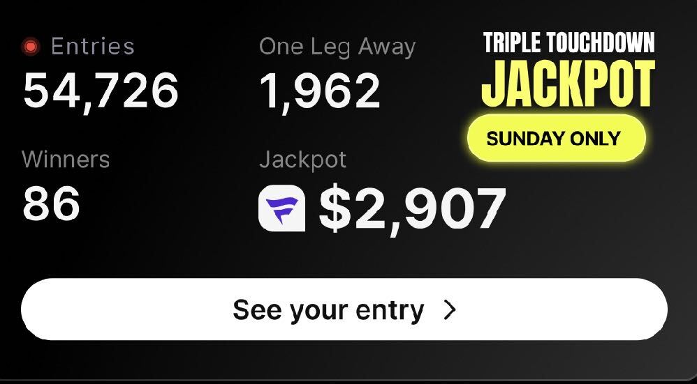 FanaticsSports's tweet photo. You can STILL ENTER today's Triple TD Jackpot 🚨

So far, we've had 86 entries have already CASHED in the pot!

Enter NOW with 3 Anytime TD Scorers at +2000 minimum odds for your shot at a share of $250,000 in FanCash! https://t.co/Pl1VLtIi3C