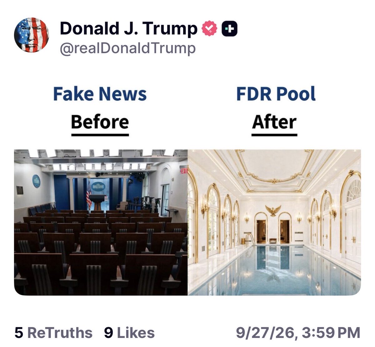 Juliedonuts's tweet photo. President Trump Post:

Turning the briefing room back into FDR’s pool would be the most honest thing that’s happened in that room in 50 years. 😂🇺🇸 https://t.co/YotVZJxUqF