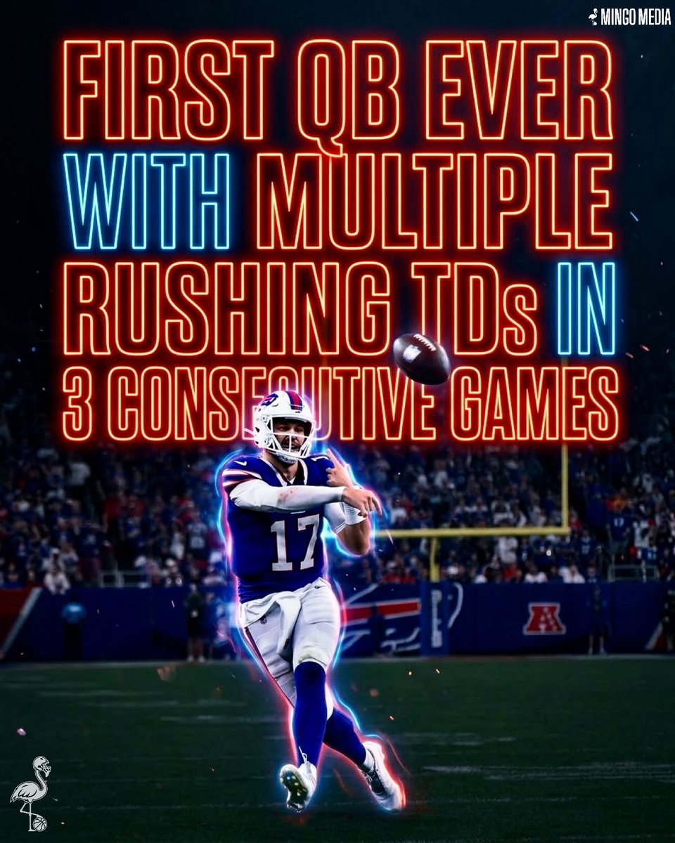MingoMediaX's tweet photo. Josh Allen just made #NFL history. 🙌

He becomes the first QB ever with multiple rushing TDs in 3 consecutive games. https://t.co/9tY4LQ34aA