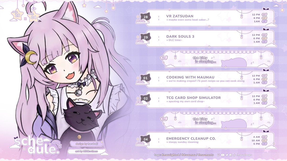 mausleeps's tweet photo. /ᐠ˵- ⩊ -˵マ . ∘ ꒰ schedule ꒱

i posted the cooking recipe on my discord for thursday.. :3

◇ #MauSighted for stream / live things
◇ #DrawMau for fanart
◇ #Mauments for clips + silly moments https://t.co/NrnD9dXdYl