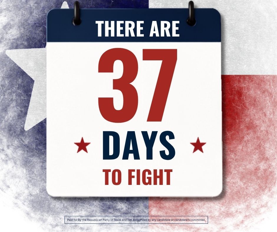 TexasGOP's tweet photo. Only 37 days until Election Day.

Every door, every call, and every conversation matters. Make your plan, bring your family and friends, and vote Republican up and down the ballot.

📅 Election Day: November 3 https://t.co/JtOLo5v6RE