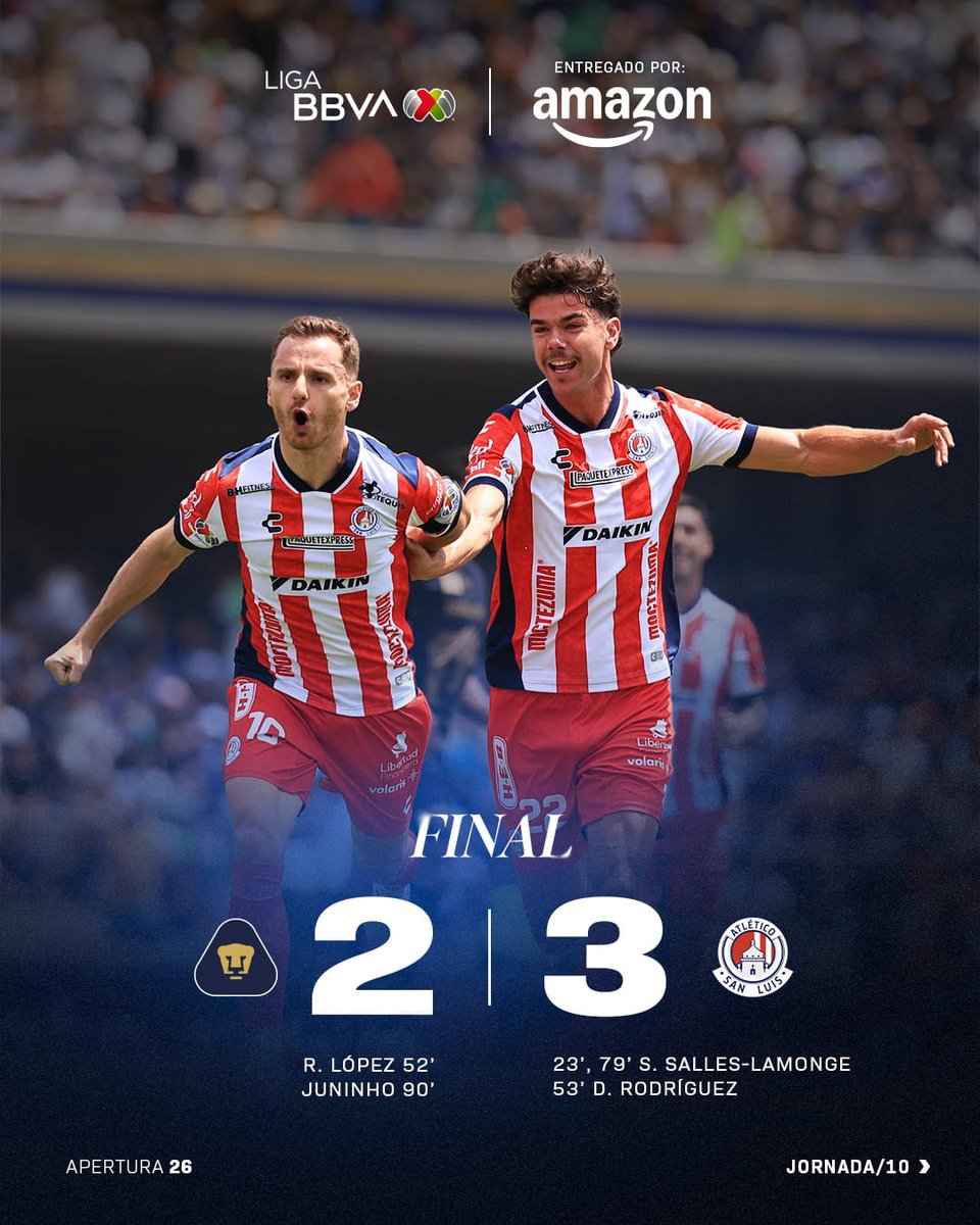 LigaBBVAMX's tweet photo. ¡Enorme triunfo potosino fuera de casa! 🔴⚪
El @AtletideSanLuis venció a los Pumas en la #J10 del #AP26. 😎
#EntregamosTodoPorElFut y @amazonmex nos entrega el #MarcadorFinal. 📦
https://t.co/YuMVoj8Xqh 📰
#LaLigaDeLaAfición✨ | #UNAMADSL | #AmazonMX https://t.co/XVKn5VduLj