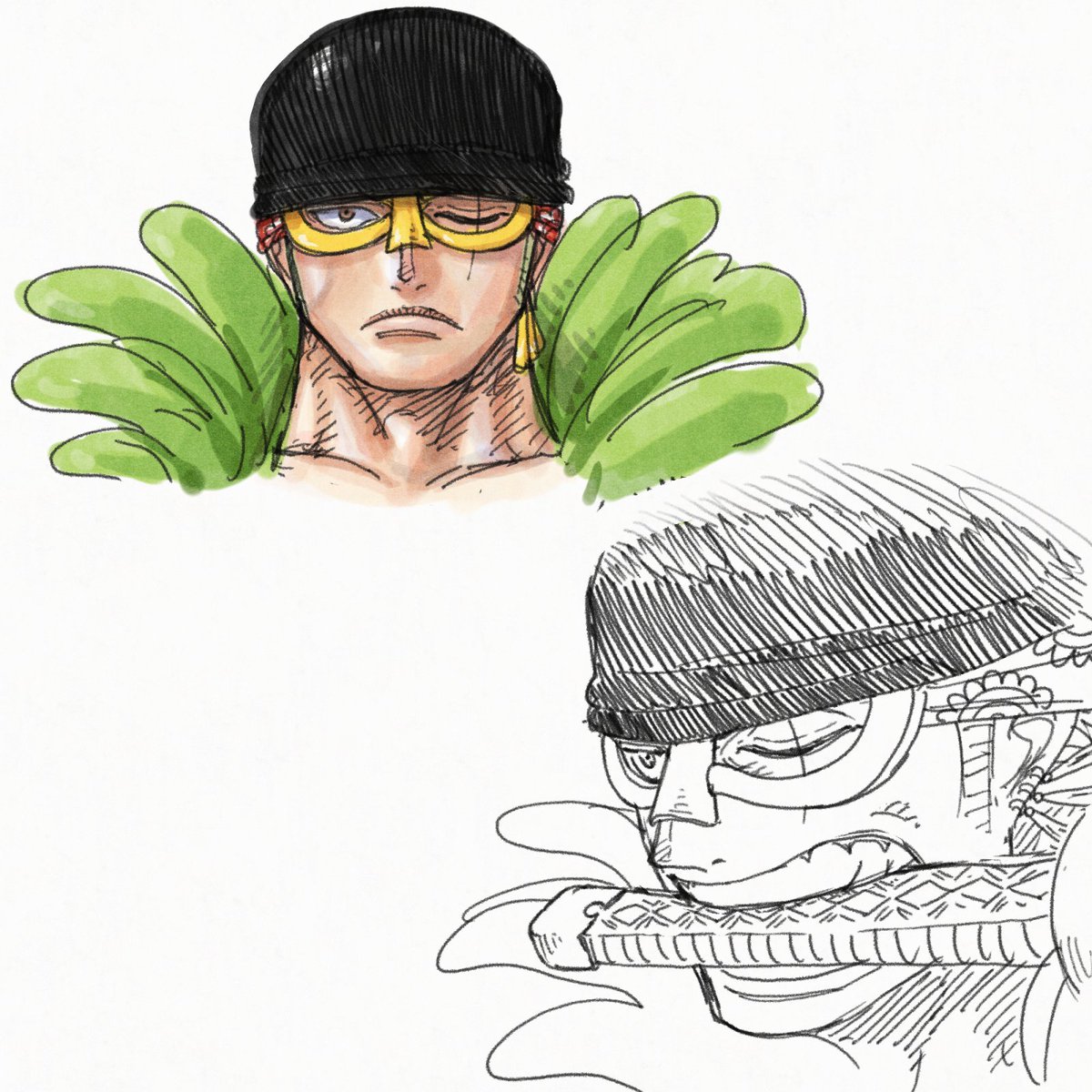 NoburuArt's tweet photo. I was wondering why Oda decided to take away Zoro's goggles last chapterv (thank god), and it might be cause of the bandana

#onepiece1194 https://t.co/MLQ009U89m