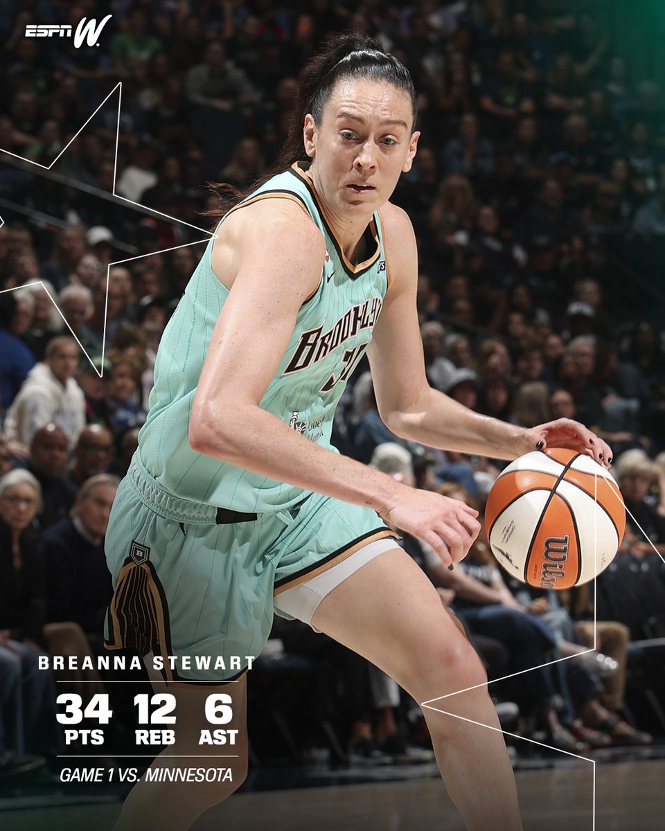 SportsCenter's tweet photo. Breanna Stewart: big time player 🔥

The New York Liberty take Game 1 vs. the 1-seed Minnesota Lynx behind Stewie's monster game 😤 https://t.co/bCzFpN8Jjp