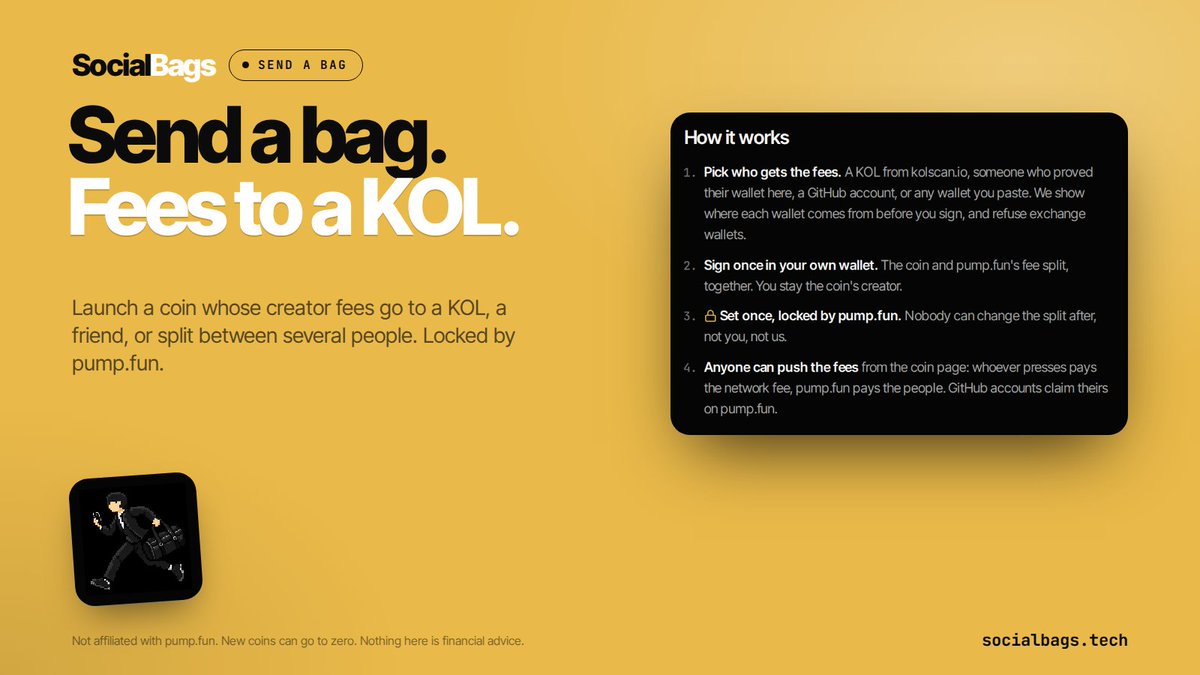 social_bags's tweet photo. Send a bag.

Launch a coin whose creator fees go to a KOL, a friend, or split between several people. Set once and locked by https://t.co/ym4ae9n4aY: nobody can change it, not even us.

A coin launched for someone is unofficial, and says so.

https://t.co/ha0am2kfGZ https://t.co/fuH3cPLgLN