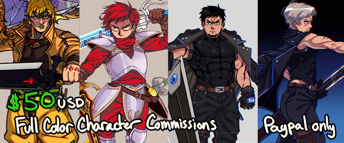 Nova1Duke's tweet photo. I'm offering fully colored character art commissions for 50 USD through paypal. I enjoyed the "pay what you want" comms format done on stream but unfortunately recent developments forced me to try to raise as much money I can within the next couple weeks. Please share thank you. https://t.co/mFTsPjH62S