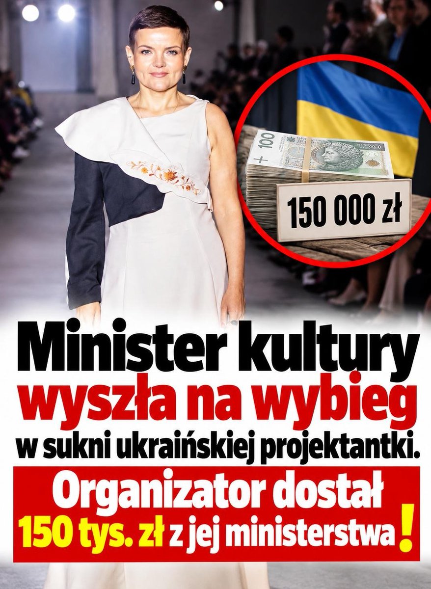 PUsiadek's tweet photo. Minister kultury wyszła na wybieg w sukni ukraińskiej projektantki. Organizator dostał 150 tys. zł z jej ministerstwa❗

3 skandale w jednym wydarzeniu❗

Marta Cienkowska wystąpiła jako modelka podczas finału projektu ReFashioned. Wydarzenie zorganizowała Fundacja Kraina.

Ta sama fundacja otrzymała na ten projekt 148 193 zł dofinansowania w ramach programu "Polska_Kreatywni: Moda", ze środków Ministra Kultury i Dziedzictwa Narodowego.

Czyli z resortu, którym kieruje sama Cienkowska.

Polska minister kultury, na wydarzeniu opłaconym z pieniędzy polskich podatników, promowała ukraińską projektantkę.

Cienkowska sama to potwierdziła. Napisała, że chciała, by więcej osób poznało nazwisko tej projektantki i zobaczyło, co potrafi.

Nie promowała polskich projektantów tylko obcych, sama promowała, a być może realizowała dziecięce fantazje o występie na pokazie mody za publiczne pieniądze!

W administracji publicznej nazywa się to konfliktem interesów. W normalnym życiu nazywa się to brakiem wyczucia.

To nie pierwsza afera związana z tym resortem. Do dymisji!⁩