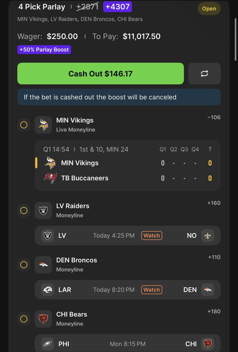 BoostKingX's tweet photo. Let’s ride…. 50% Boost is good to use on 3 legger with Raiders/Broncos/Bears https://t.co/CcfdqVnkUb