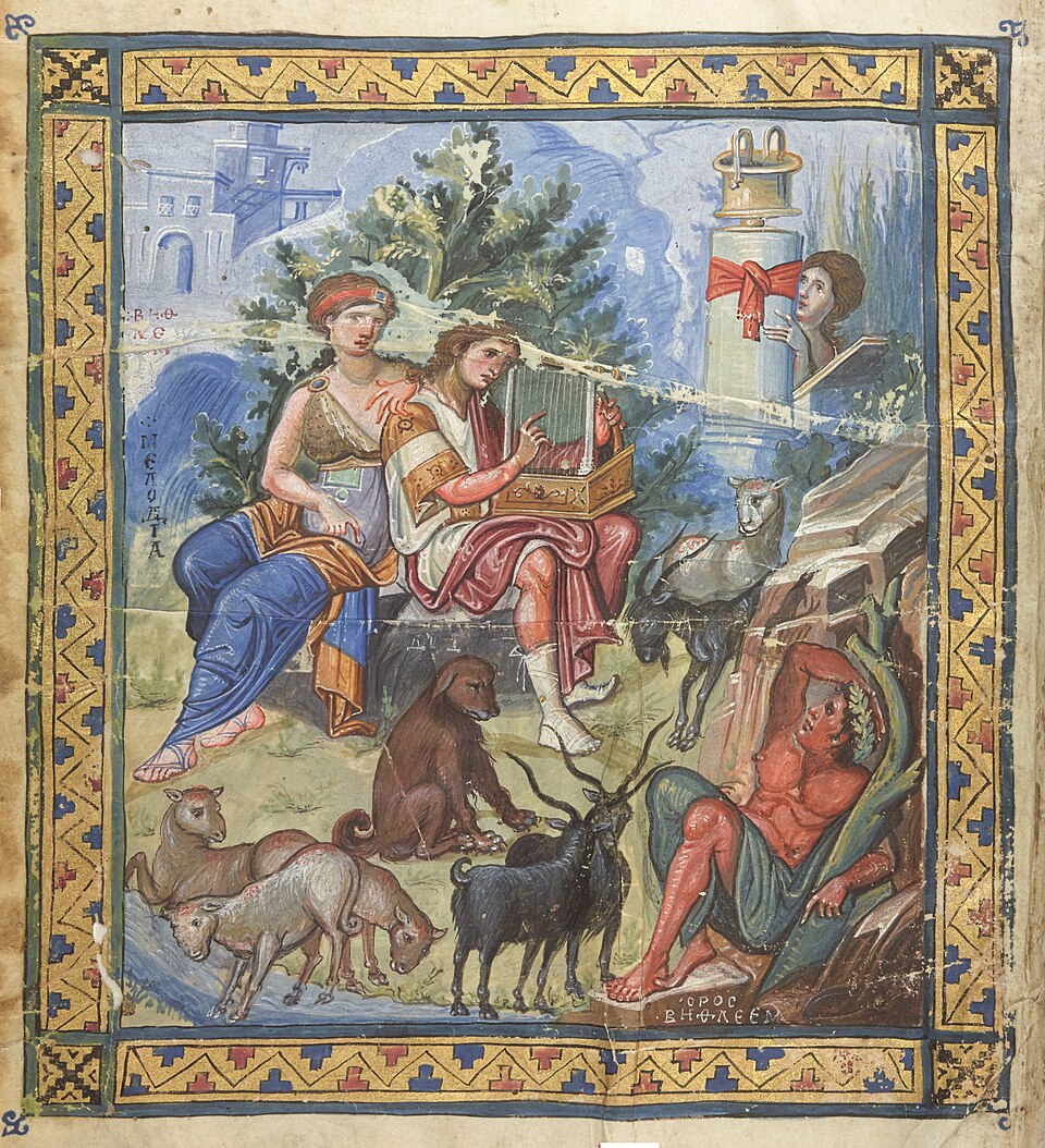 ThatchEffendi's tweet photo. Something I find funny about the people who argue there's not meaningful continuity between Ancient Greece and Modern Greece is that Byzantine culture was obsessively Hellenizing, especially after the Macedonian Renaissance gets started.  

Several pages from the 10th century Paris Psalter look like this, you wouldn't even guess these are Biblical scenes.