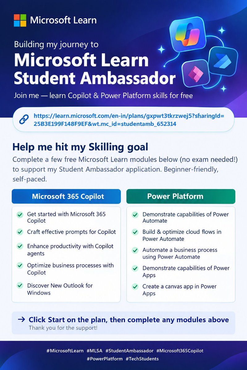 tayibshabir's tweet photo. Free Microsoft courses, no exam:
M365 Copilot — prompts & productivity
Power Platform — Power Automate + Power Apps
Self-paced. Resume boost.
👉 Start here: https://t.co/dogBP0zEgh
#MicrosoftLearn #MLSA #Microsoft365Copilot #PowerPlatform https://t.co/Wx7vyDBave