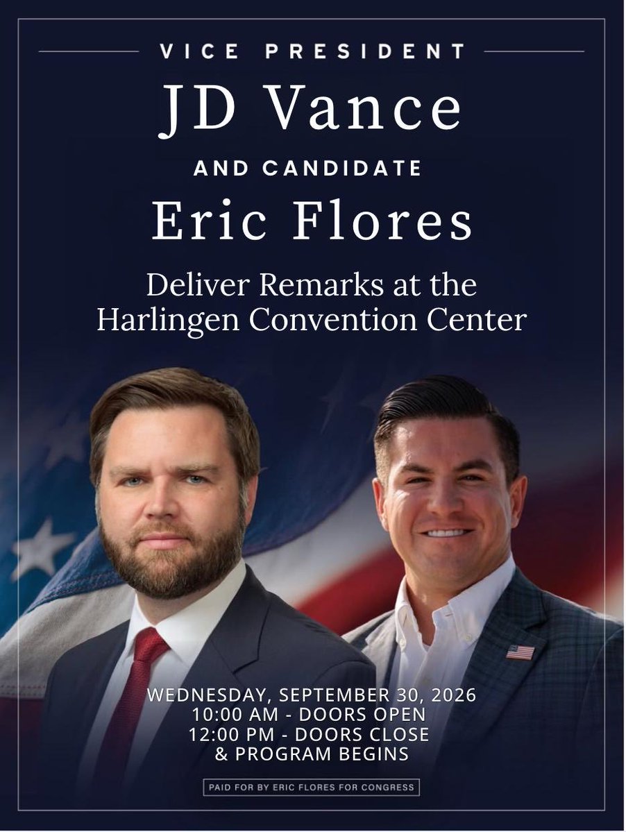 EricDFloress's tweet photo. SOUTH TEXAS, GET READY!

This Wednesday, I am taking the stage with Vice President JD Vance at the Harlingen Convention Center for a Special GOTV Rally!

Doors open at 10:00 AM. A large turnout is expected, so register in advance, arrive early, and plan for increased traffic and additional security.