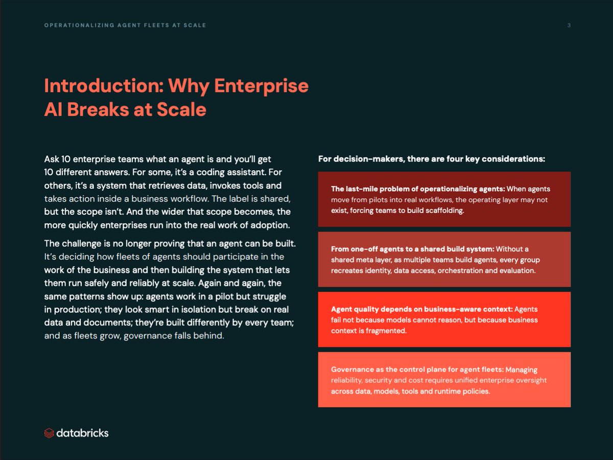Databricks slide describing why enterprise AI breaks at scale, including last-mile operations, fragmented context, and governance gaps