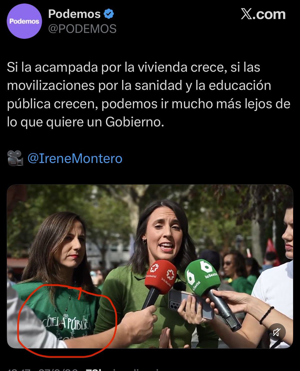 JaviRodrigo11's tweet photo. Va a una manifestación por la educación pública; una lleva una camiseta con “escuela pública”; y la que habla lleva a sus 3 hijos a un centro privado está situado en Los Peñascales, una zona residencial de Las Rozas; y cuya cuota por alumno está cerca de 1.000€ al mes. 

Son un puto meme
