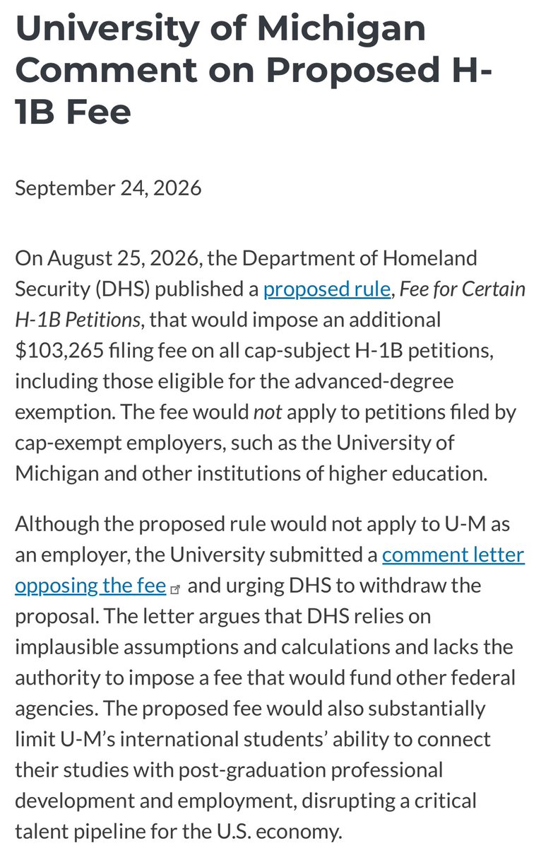 gc22gc's tweet photo. U-M is exempt from the $103K H1B fee, but it’s still lobbying DHS to kill it so its foreign students can keep moving into U.S. jobs Americans compete for. https://t.co/zLGtEYWbqr