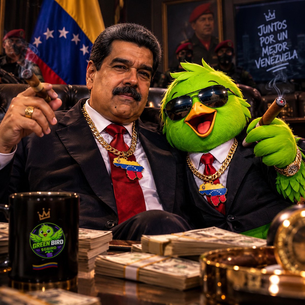 GreenBirdmeme's tweet photo. 🚨 BREAKING: Maduro has been spotted with the Green Bird.

Nobody knows what they are planning.

But $GBIRD is everywhere. 🐦 https://t.co/FztuNE6dv8