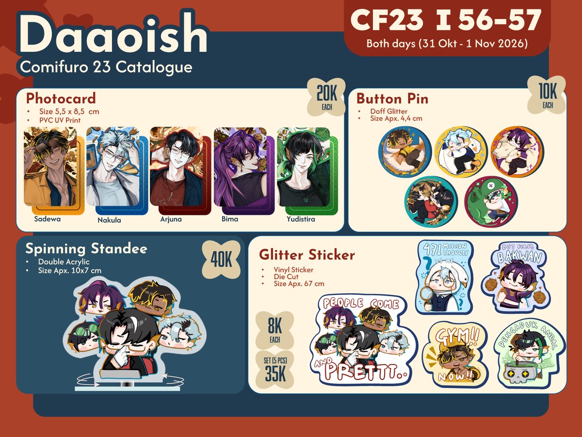 daaoish's tweet photo. [♡ &amp; RTs are appreciated!]

❥ PRE ORDER FOR #CF23 𖥧𖤣.
⃠ CLOSE: 30 September 2026

⭐ Pandavva, Sefurden, OC
🛒 Pick Up OTS only (table I 56-57)
🔗 Form: https://t.co/vPDG9PYryv

🍀 #CF23Catalogue #Comifuro23 https://t.co/dj8rWJ18vX