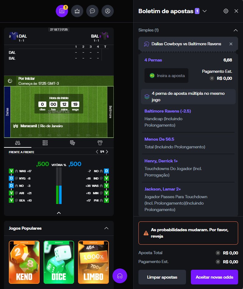 _felipezm's tweet photo. @DoctorTips_ Ainda dá pra pegar esse 6.68x no jogão da NFL no maracanã! Reavens -2.5 Total -56.5 Derrick Henry 1 TD Lamar Jackson 2 passes para TD  Vem com a Shufle, bonus de level up, bonus mensal, bonus semanal, bonus de aniversário e muito mais! https://t.co/LxXE52wIMr https://t.co/FpUvDjV8nV