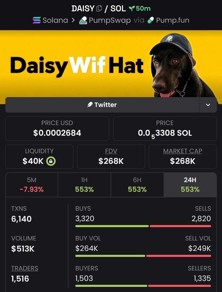 DrSolMeme's tweet photo. $DAISY is blasting off! 🚀

Spotted at just a $22k mcap in my private TG, now soaring to $268k ❤️‍🔥🔥

My TG squad is locking in huge wins — don’t miss the next moonshot! 🚀🏆

CA: 
FMEm7Pu7sbtsjuEtZu4SAUSCe5NViLkUSbrThCxEpump

#bbvipks4 #memecoin https://t.co/Uvfo94636M