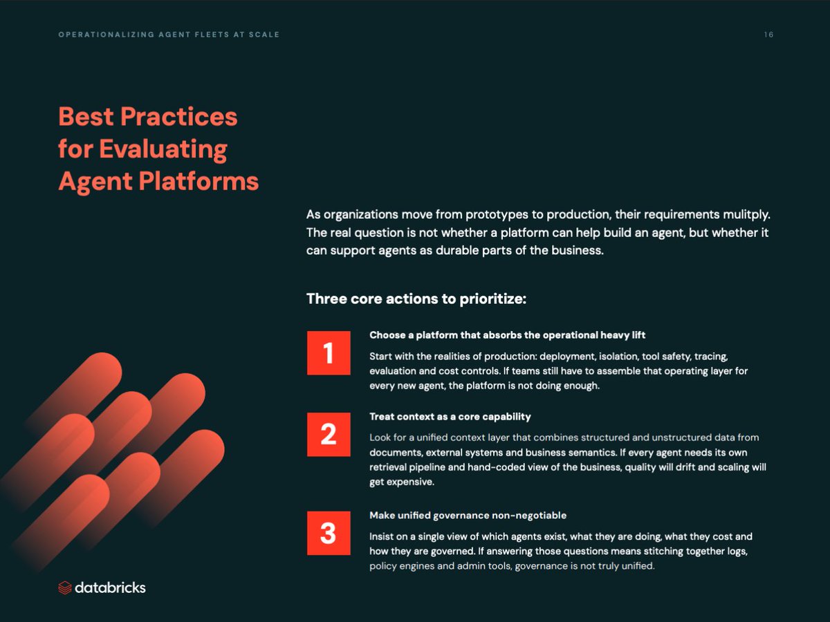 Databricks slide listing best practices for agent platforms: absorb operational work, treat context as core, and make governance non-negotiable
