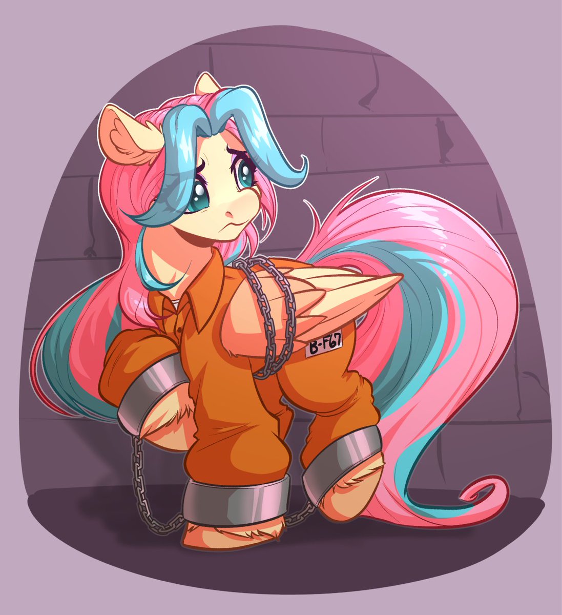 moparholic's tweet photo. G6 Fluttershy all chained up and in an orange prison jumpsuit. G6 must've taken a seriously dark turn for Fluttershy to end up in hoofcuffs! Art by WitchTaunter #Mylittlepony #mlp #mlpg6 #jumpsuits https://t.co/Q2Nmn7oAul