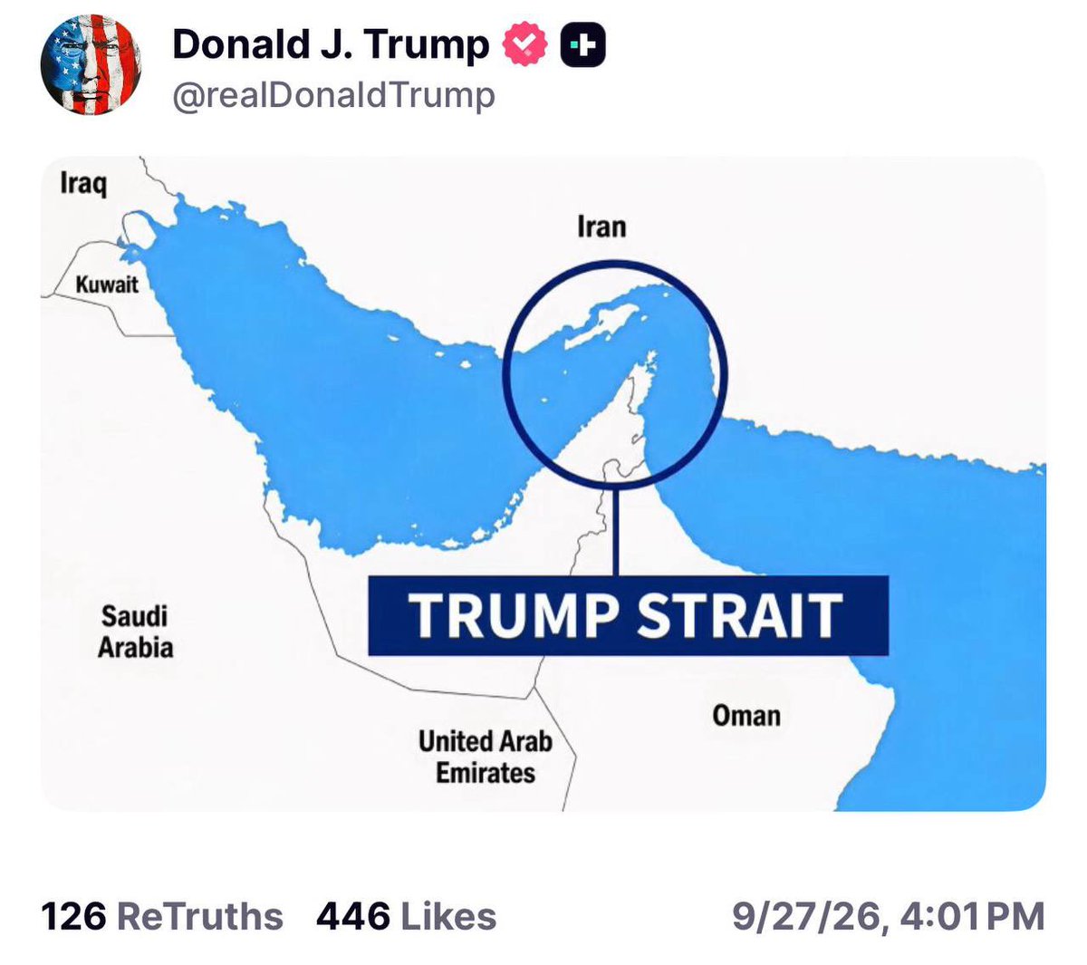 RT_com's tweet photo. Trump RENAMES Strait of Hormuz to TRUMP STRAIT https://t.co/IJ1Utpm9tR