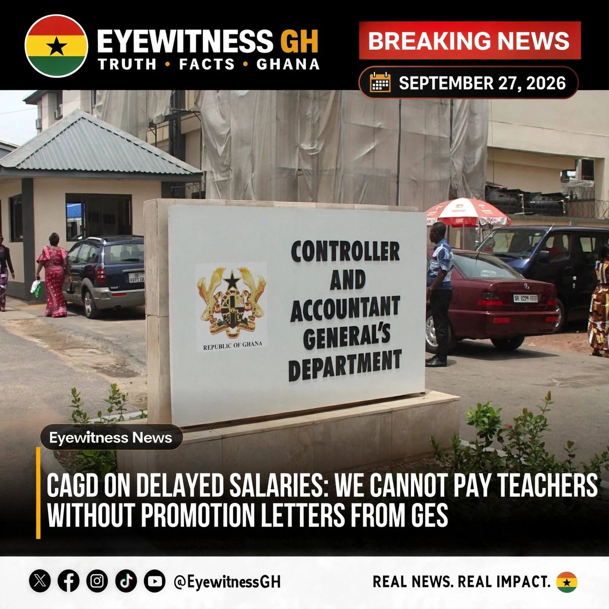 Eyewitnessgh's tweet photo. CAGD Explains Delay: "We Cannot Pay Without Promotion Letters From GES"

The Department says the remaining unpaid promoted teachers are pending because GES is yet to submit their promotion letters and validated input forms.

#EyewitnessGH #CAGD #GhanaEducation #TeacherPromotion https://t.co/CIA7H4XgFv