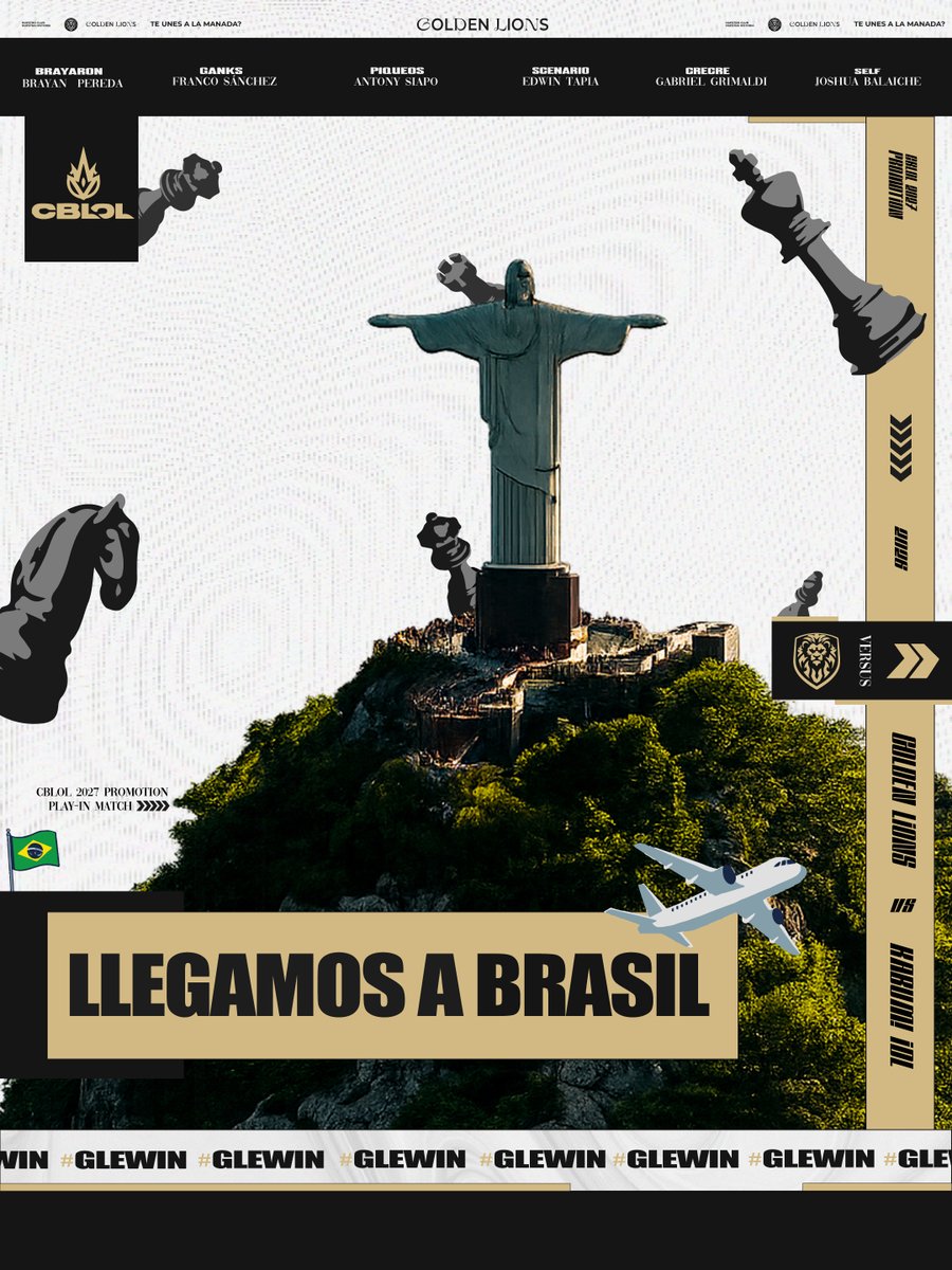 GoldenLionLATAM's tweet photo. 🇧🇷 LLEGAMOS A BRASIL. 🦁💛🖤
Mañana tenemos nuestro próximo desafío en la CBLOL 2027 Promotion. Nos enfrentamos a @kabumesports en busca de seguir avanzando.
Horario
🇦🇷🇧🇷🇨🇱13:00
🇵🇪🇨🇴11:00
Stream: por confirmar
Los esperamos para vivir este nuevo desafío junto a nosotros.
BORA GLE. 🇧🇷🦁💛🖤
#Brasil | #CBLOL | #CBLOL2027 | #LATAM