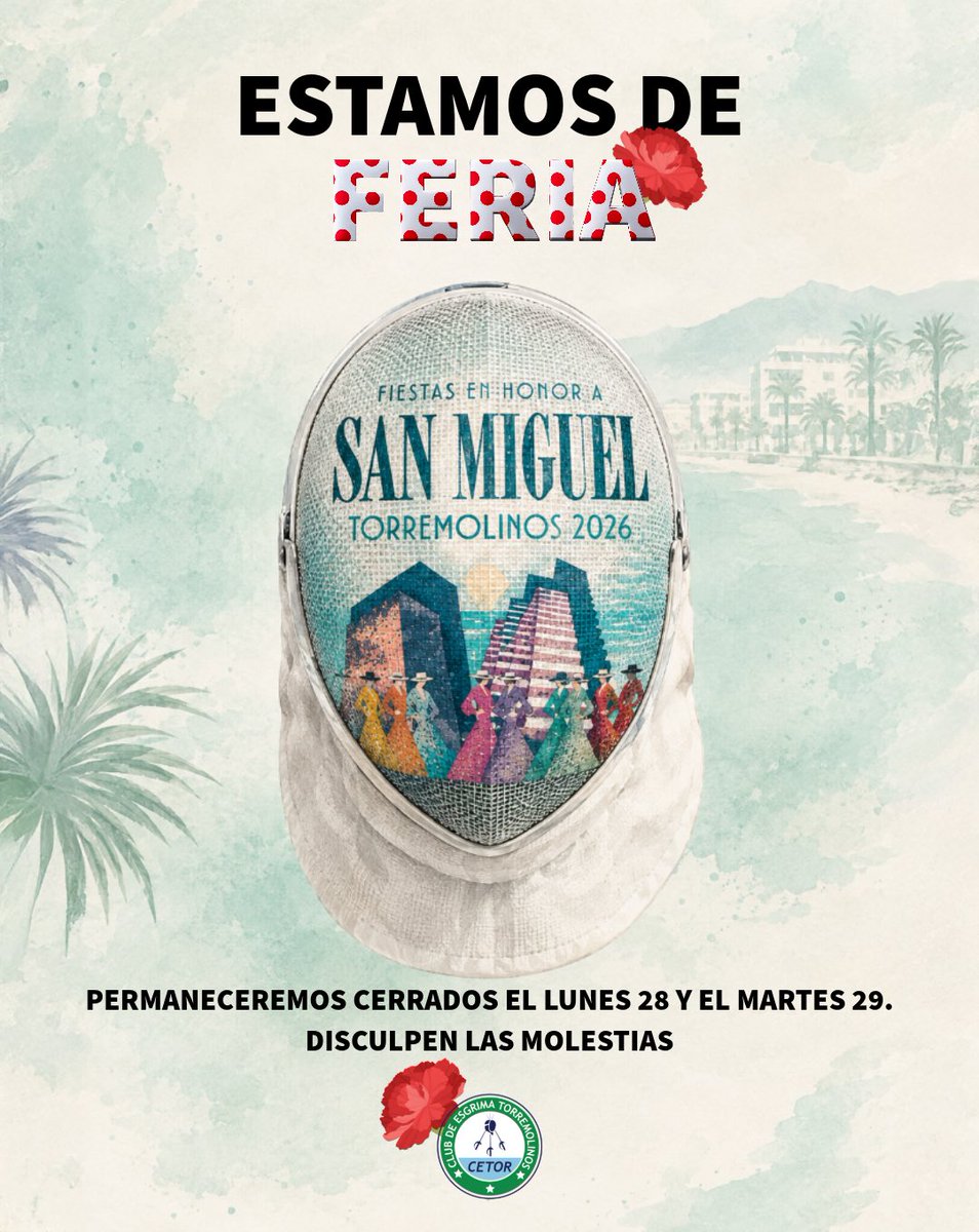 esgrimatorre's tweet photo. ¡CETOR se va de Feria! 💃🤺

Este lunes 28 y martes 29 cerramos las puertas…
¡pero abrimos el abanico! 😂💃

Nos tomamos un descansito y volvemos el miércoles 30 con más ganas de esgrima. ⚔️💙 https://t.co/RzMfTC4p0T