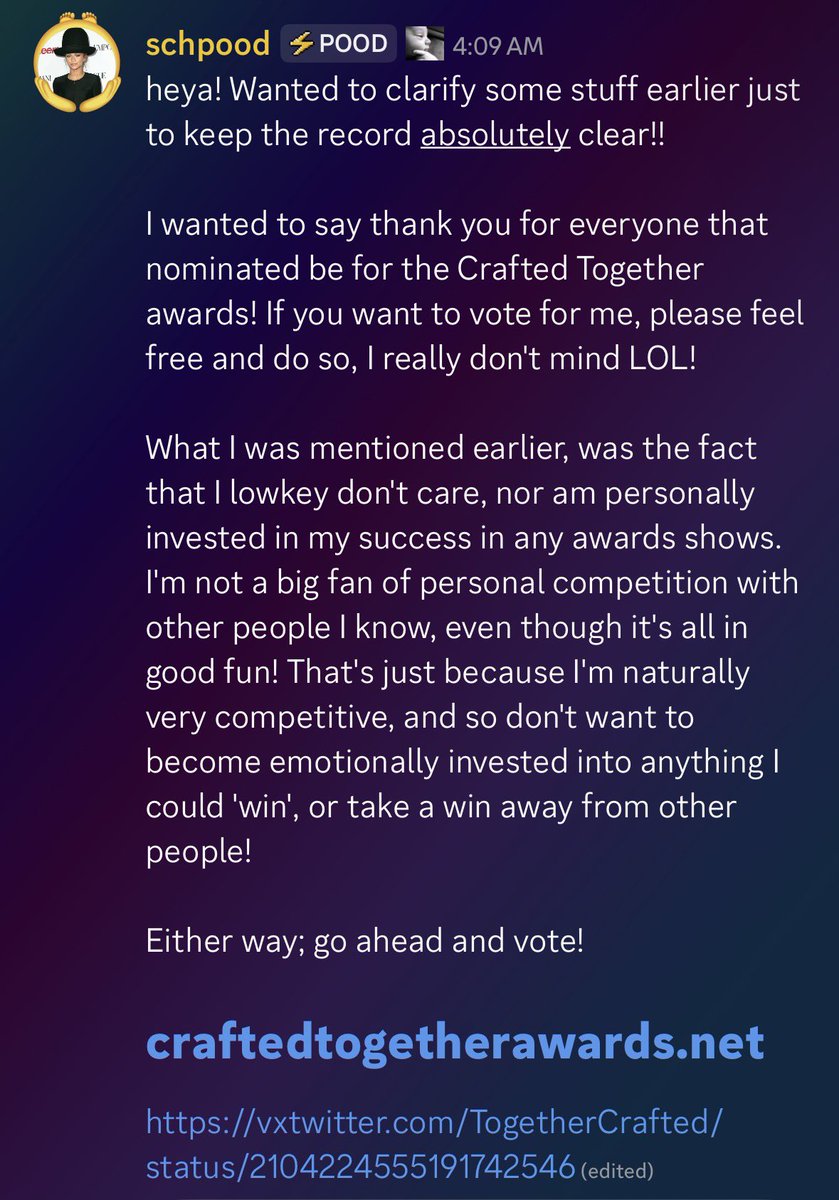 Schpood_updates's tweet photo. [🔔 | updates] schpood clarifying what he meant earlier on stream today regarding the awards!

either way, go vote for him! (if you want) https://t.co/25tUv3Emqx https://t.co/F4bRHH6j41
