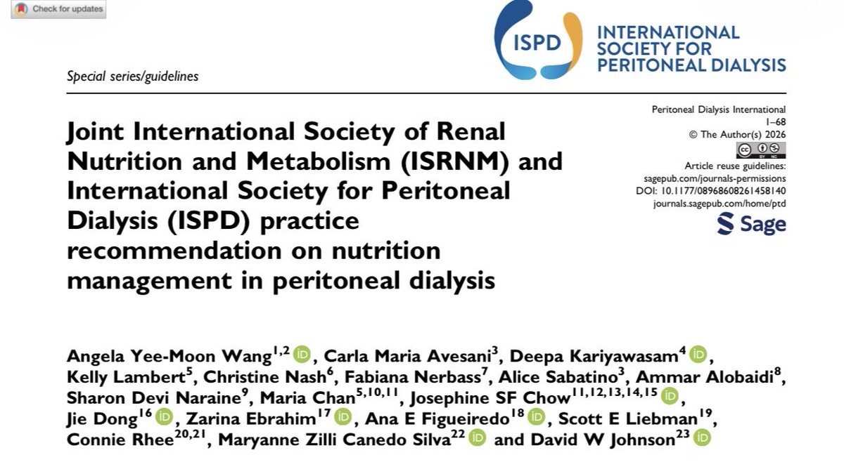 kidneydoctorpa's tweet photo. 🚨 First-ever JOINT ISRNM-ISPD practice recommendation on nutrition management in peritoneal dialysis just published.

Key points:
🔹 Protein: 1.0–1.2 g/kg/day
🔹 Energy: 25–35 kcal/kg/day (factor in glucose absorbed from dialysate)
🔹 Unlike hemodialysis, PD patients are NOT routinely potassium-restricted, many need supplementation
🔹 Nutrition goals must be individualized (demographic, clinical & biochemical factors)

Only 12% of PD patients meet both energy AND protein targets simultaneously.

Wang AYM et al. Perit Dial Int. 2026. DOI: 10.1177/08968608261458140

#PeritonealDialysis #RenalNutrition