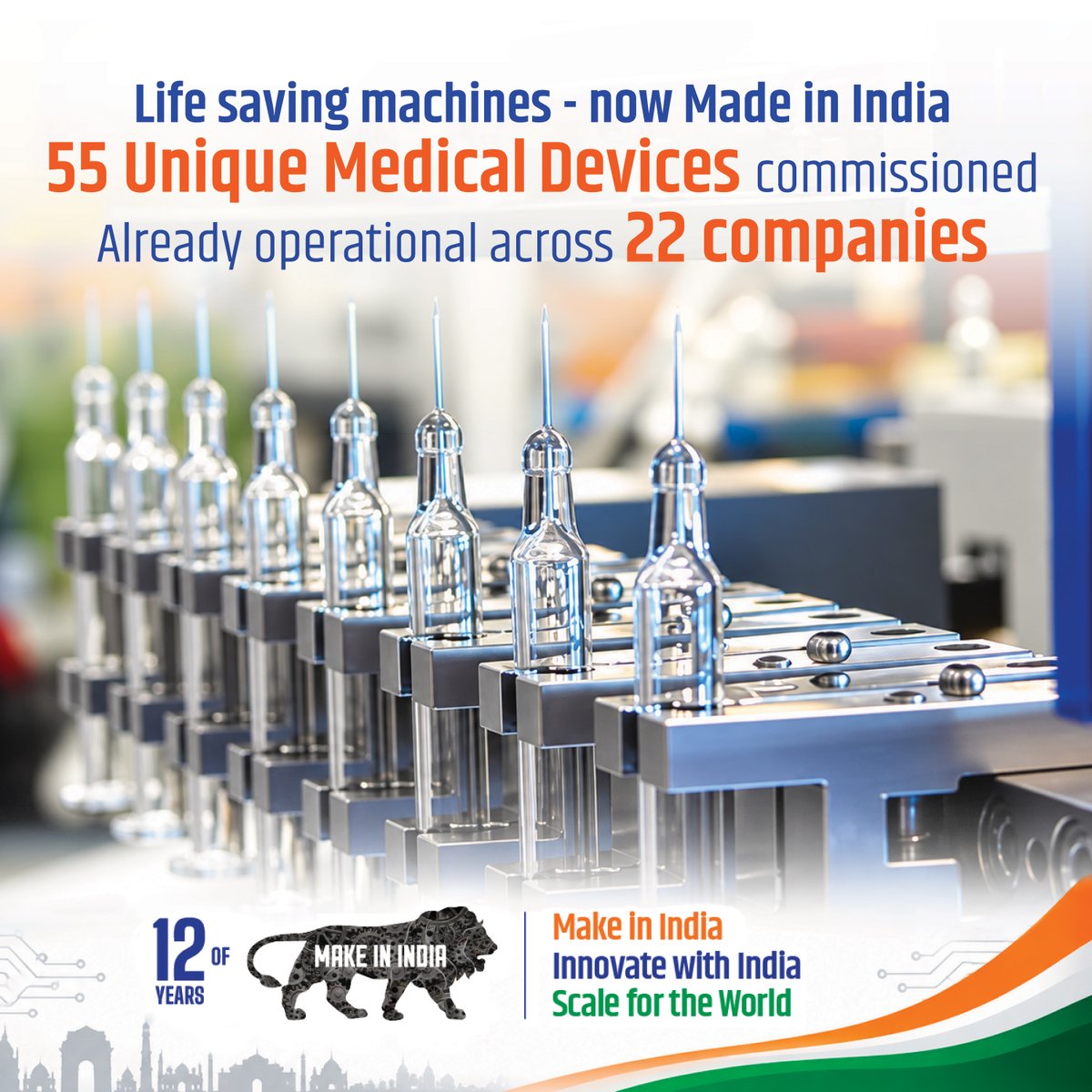 PIB_India's tweet photo. From innovation to impact, India is strengthening its medical device manufacturing ecosystem. 🇮🇳

From life-saving technologies to advanced medical solutions, Make in India is enabling healthcare manufacturing at scale.

Make in India. Innovate with India. Scale for the World.

#MakeInIndia  #Healthcare #Manufacturing #AatmanirbharBharat  #12YearsOfMakeInIndia