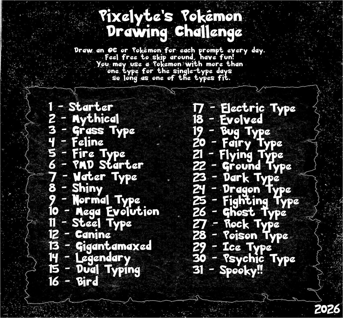 PixelyteSkunk's tweet photo. I made a prompt list for next month if anyone wants to do this with me and some of my friends! https://t.co/NyKvavOmEH